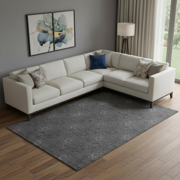 HomeRoots 10' Gray and Silver Floral Washable Area Rug - Durable, UV-Protected & Stain-Resistant Beauty 665326