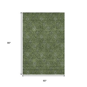 HomeRoots 5' Olive Green & Ivory Floral Washable Area Rug - UV Protected, Stain Resistant for High-Traffic Spaces 665328