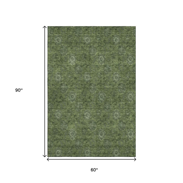 HomeRoots 5' Olive Green & Ivory Floral Washable Area Rug - UV Protected, Stain Resistant for High-Traffic Spaces 665328