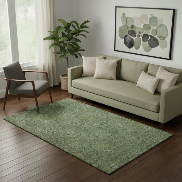 HomeRoots 5' Olive Green & Ivory Floral Washable Area Rug - UV Protected, Stain Resistant for High-Traffic Spaces 665328