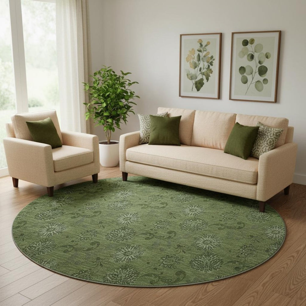 HomeRoots 8' Olive Green and Ivory Floral Washable Round Rug - Durable, Stain-Resistant, UV Protected for All Spaces 665329