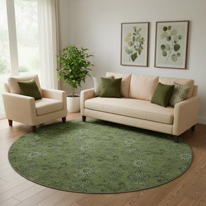 HomeRoots 8' Olive Green and Ivory Floral Washable Round Rug - Durable, Stain-Resistant, UV Protected for All Spaces 665329