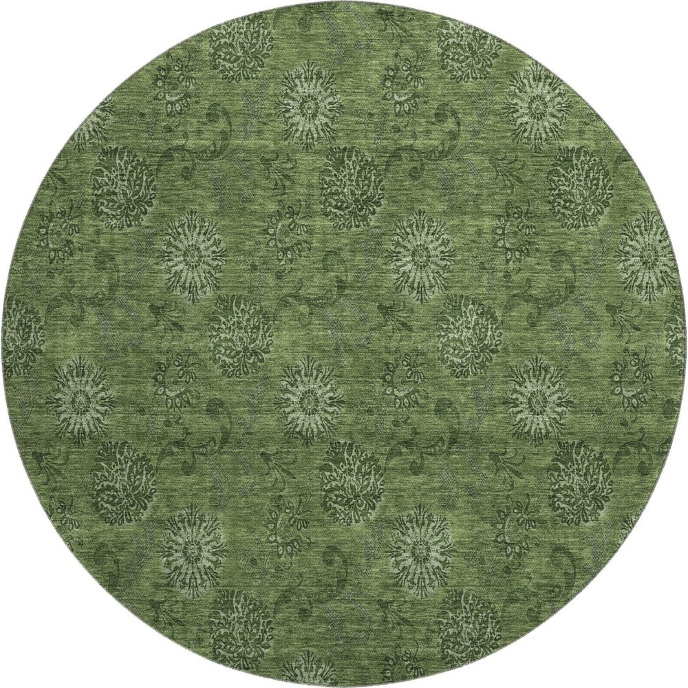 HomeRoots 8' Olive Green and Ivory Floral Washable Round Rug - Durable, Stain-Resistant, UV Protected for All Spaces 665329