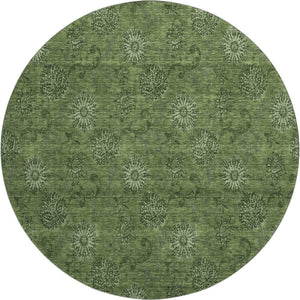 HomeRoots 8' Olive Green and Ivory Floral Washable Round Rug - Durable, Stain-Resistant, UV Protected for All Spaces 665329