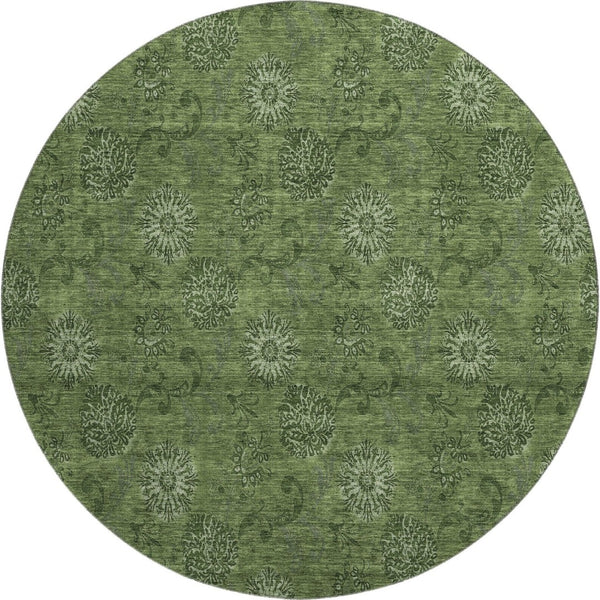 HomeRoots 8' Olive Green and Ivory Floral Washable Round Rug - Durable, Stain-Resistant, UV Protected for All Spaces 665329