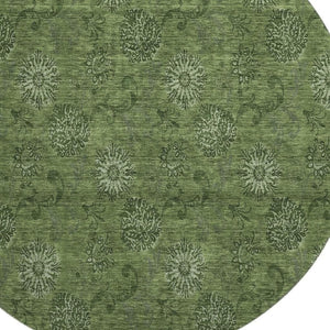 HomeRoots 8' Olive Green and Ivory Floral Washable Round Rug - Durable, Stain-Resistant, UV Protected for All Spaces 665329