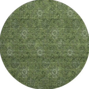 HomeRoots 8' Olive Green and Ivory Floral Washable Round Rug - Durable, Stain-Resistant, UV Protected for All Spaces 665329
