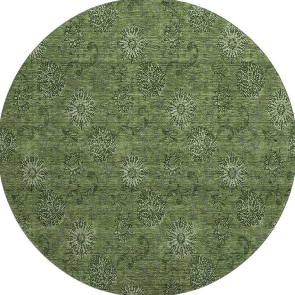 HomeRoots 8' Olive Green and Ivory Floral Washable Round Rug - Durable, Stain-Resistant, UV Protected for All Spaces 665329