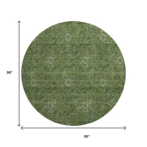 HomeRoots 8' Olive Green and Ivory Floral Washable Round Rug - Durable, Stain-Resistant, UV Protected for All Spaces 665329