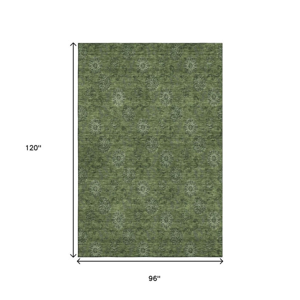 HomeRoots 8' X 10' Olive Green Floral Area Rug - Washable, Stain-Resistant, UV Protected for Family Homes 665330