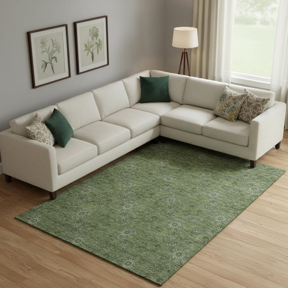 HomeRoots 8' X 10' Olive Green Floral Area Rug - Washable, Stain-Resistant, UV Protected for Family Homes 665330