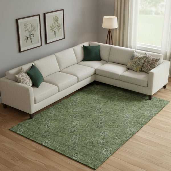 HomeRoots 8' X 10' Olive Green Floral Area Rug - Washable, Stain-Resistant, UV Protected for Family Homes 665330