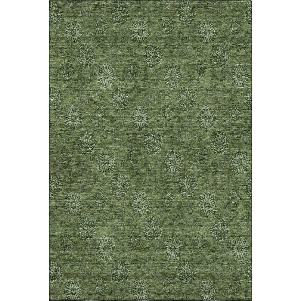 HomeRoots 8' X 10' Olive Green Floral Area Rug - Washable, Stain-Resistant, UV Protected for Family Homes 665330