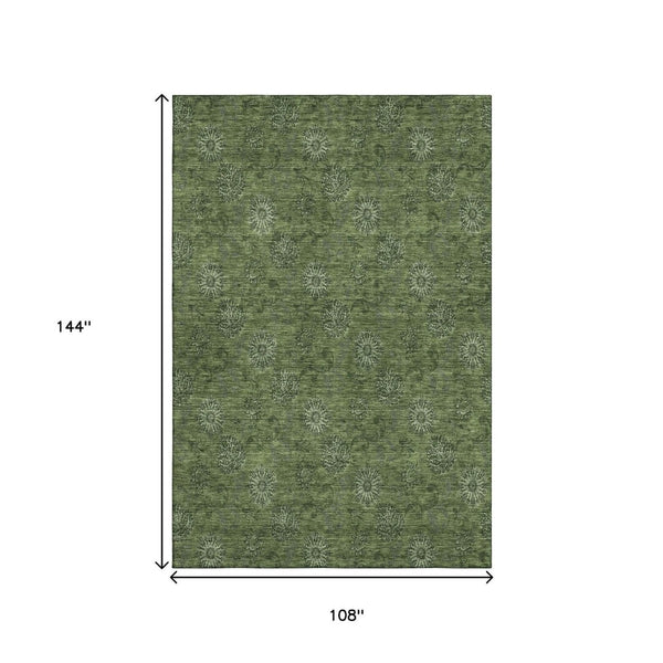 HomeRoots 9' X 12' Olive Green & Ivory Floral Washable Area Rug - Durable, UV-Protected, Perfect for Families! 665331
