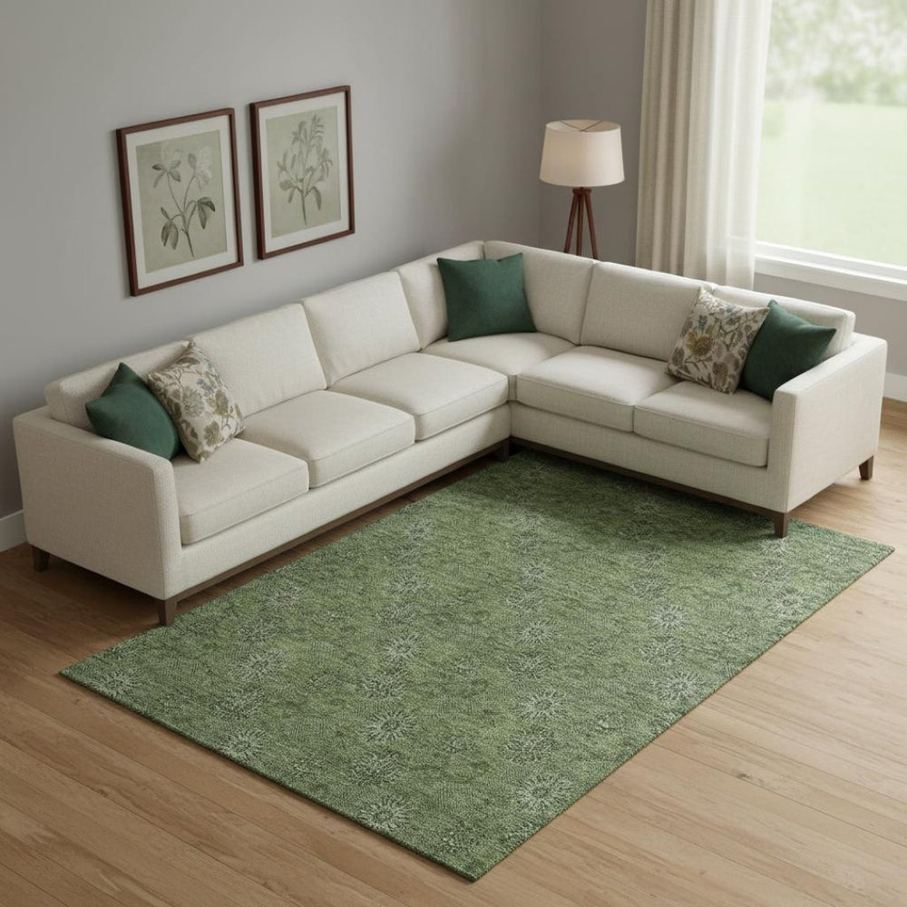 HomeRoots 9' X 12' Olive Green & Ivory Floral Washable Area Rug - Durable, UV-Protected, Perfect for Families! 665331