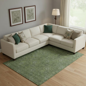 HomeRoots 10' X 14' Olive Green Floral Area Rug - Washable, UV Protected, Stain Resistant for Busy Homes 665332