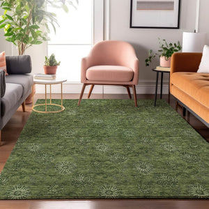HomeRoots 10' X 14' Olive Green Floral Area Rug - Washable, UV Protected, Stain Resistant for Busy Homes 665332