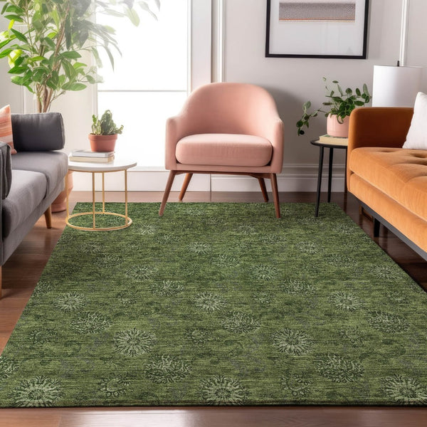HomeRoots 10' X 14' Olive Green Floral Area Rug - Washable, UV Protected, Stain Resistant for Busy Homes 665332