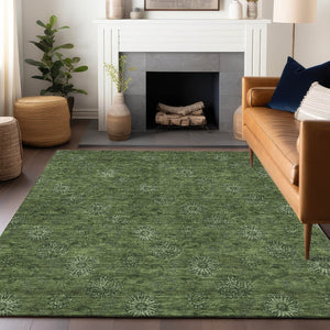 HomeRoots 10' X 14' Olive Green Floral Area Rug - Washable, UV Protected, Stain Resistant for Busy Homes 665332
