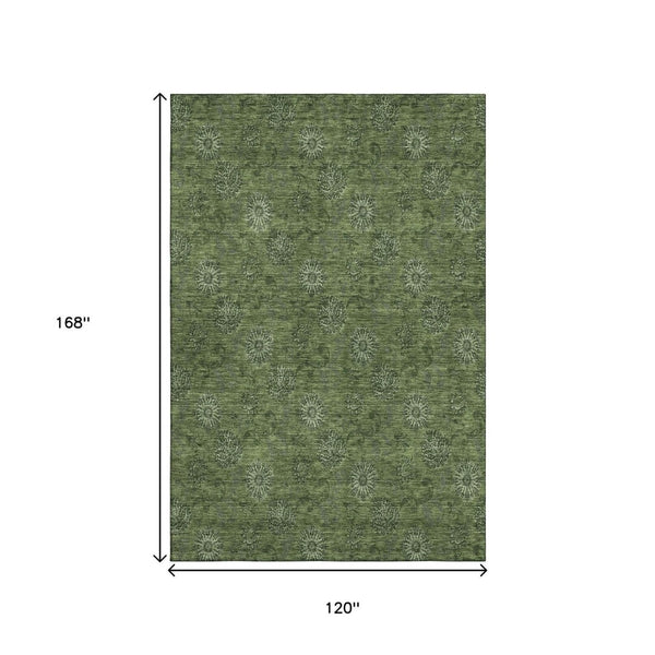 HomeRoots 10' X 14' Olive Green Floral Area Rug - Washable, UV Protected, Stain Resistant for Busy Homes 665332