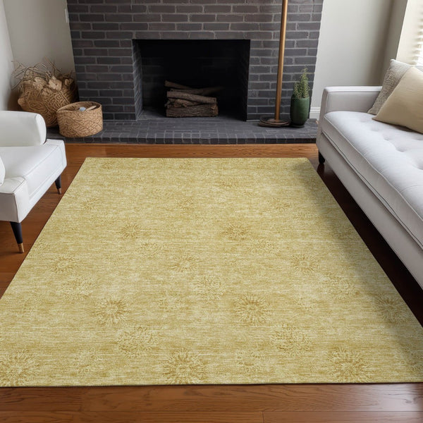 HomeRoots 5' X 8' Gold and Ivory Floral Area Rug - Washable, Stain Resistant, UV Protected for Everyday Elegance 665334