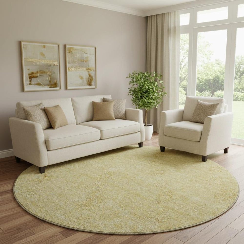 HomeRoots 8' Gold and Ivory Floral Round Rug – Washable, UV-Protected, Stain-Resistant for High-Traffic Spaces 665335