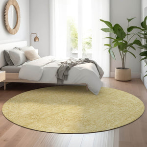 HomeRoots 8' Gold and Ivory Floral Round Rug – Washable, UV-Protected, Stain-Resistant for High-Traffic Spaces 665335