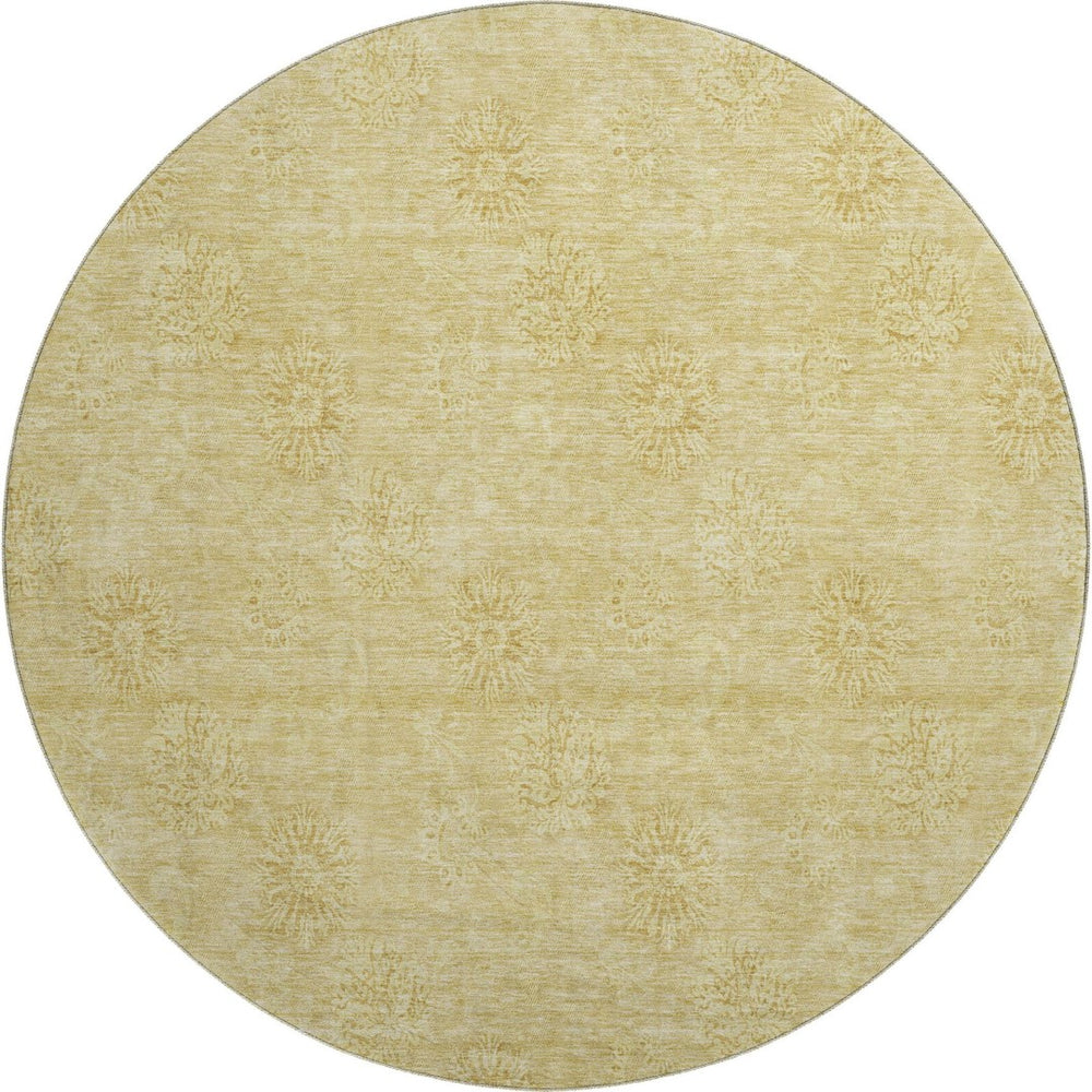 HomeRoots 8' Gold and Ivory Floral Round Rug – Washable, UV-Protected, Stain-Resistant for High-Traffic Spaces 665335