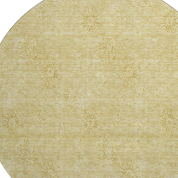 HomeRoots 8' Gold and Ivory Floral Round Rug – Washable, UV-Protected, Stain-Resistant for High-Traffic Spaces 665335