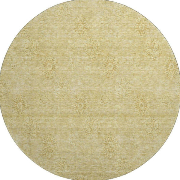 HomeRoots 8' Gold and Ivory Floral Round Rug – Washable, UV-Protected, Stain-Resistant for High-Traffic Spaces 665335
