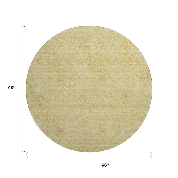 HomeRoots 8' Gold and Ivory Floral Round Rug – Washable, UV-Protected, Stain-Resistant for High-Traffic Spaces 665335