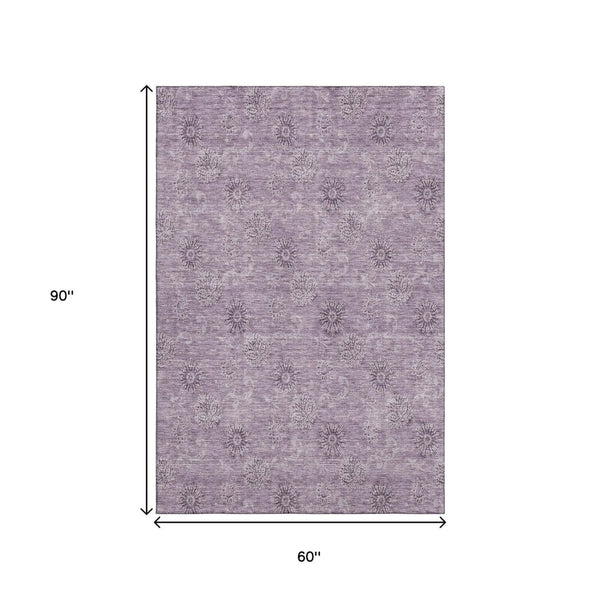HomeRoots 5' X 8' Elegant Plum and Ivory Floral Area Rug - Washable, Stain-Resistant, UV Protected for Families 665352