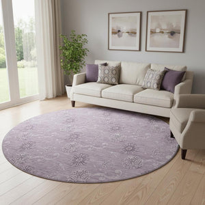 HomeRoots 8' Plum and Ivory Floral Washable Round Rug - Durable, UV-Protected, Ideal for Busy Homes & Pets 665353