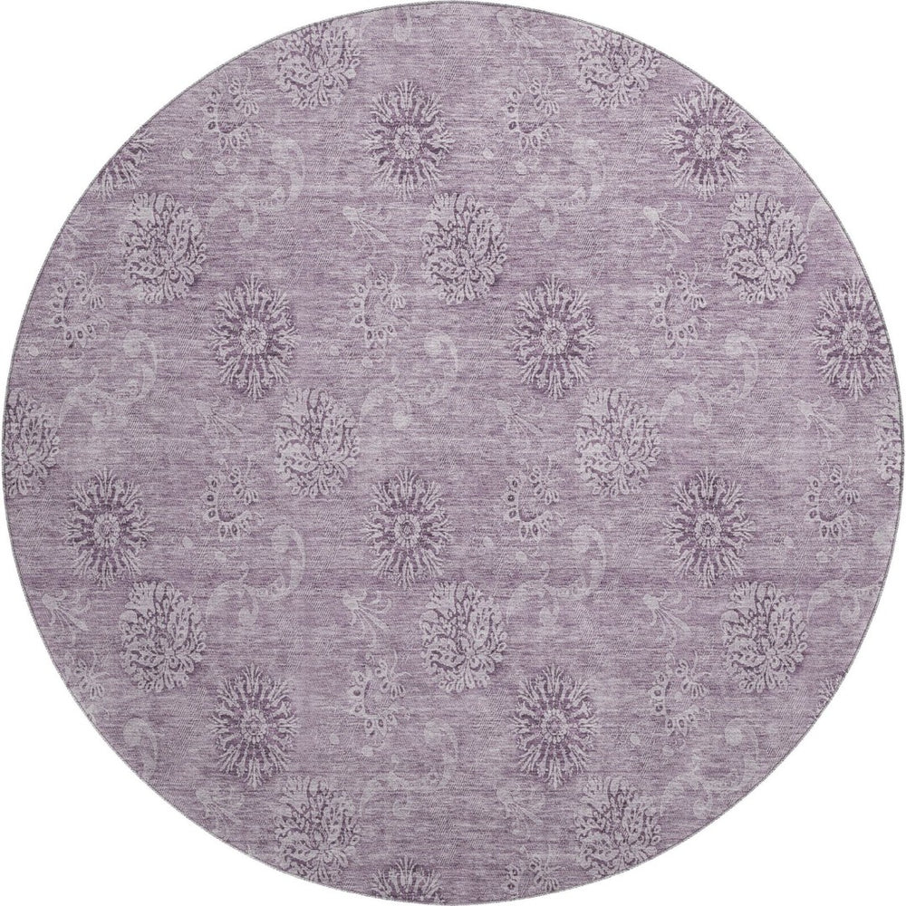 HomeRoots 8' Plum and Ivory Floral Washable Round Rug - Durable, UV-Protected, Ideal for Busy Homes & Pets 665353