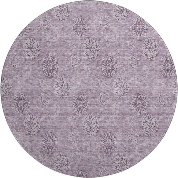 HomeRoots 8' Plum and Ivory Floral Washable Round Rug - Durable, UV-Protected, Ideal for Busy Homes & Pets 665353