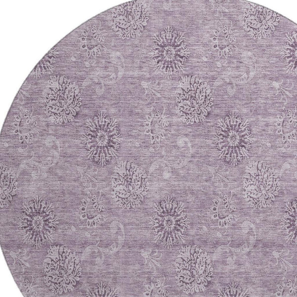 HomeRoots 8' Plum and Ivory Floral Washable Round Rug - Durable, UV-Protected, Ideal for Busy Homes & Pets 665353