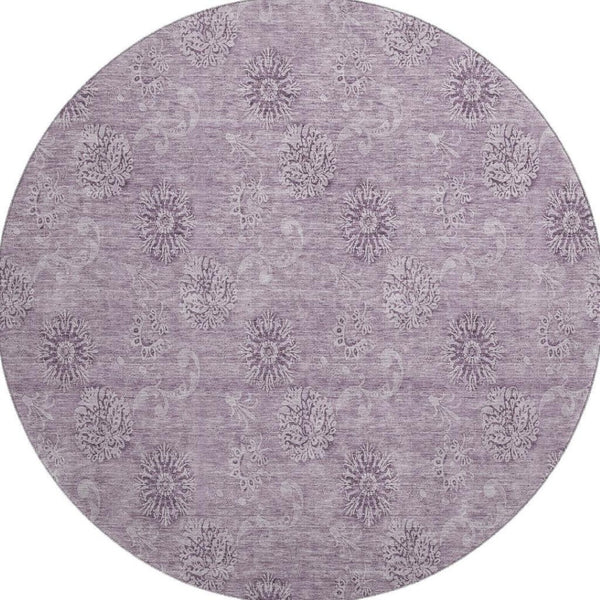 HomeRoots 8' Plum and Ivory Floral Washable Round Rug - Durable, UV-Protected, Ideal for Busy Homes & Pets 665353