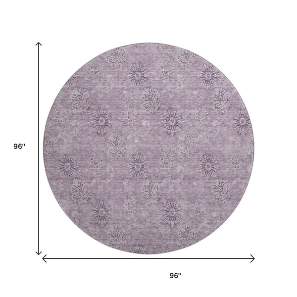 HomeRoots 8' Plum and Ivory Floral Washable Round Rug - Durable, UV-Protected, Ideal for Busy Homes & Pets 665353