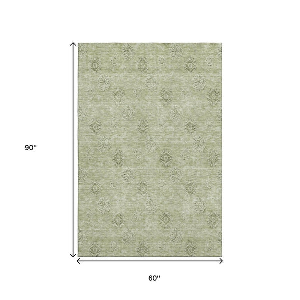 HomeRoots 5' X 8' Sage Floral Area Rug - Washable, UV Protected, Durable Design for High-Traffic Family Spaces 665358
