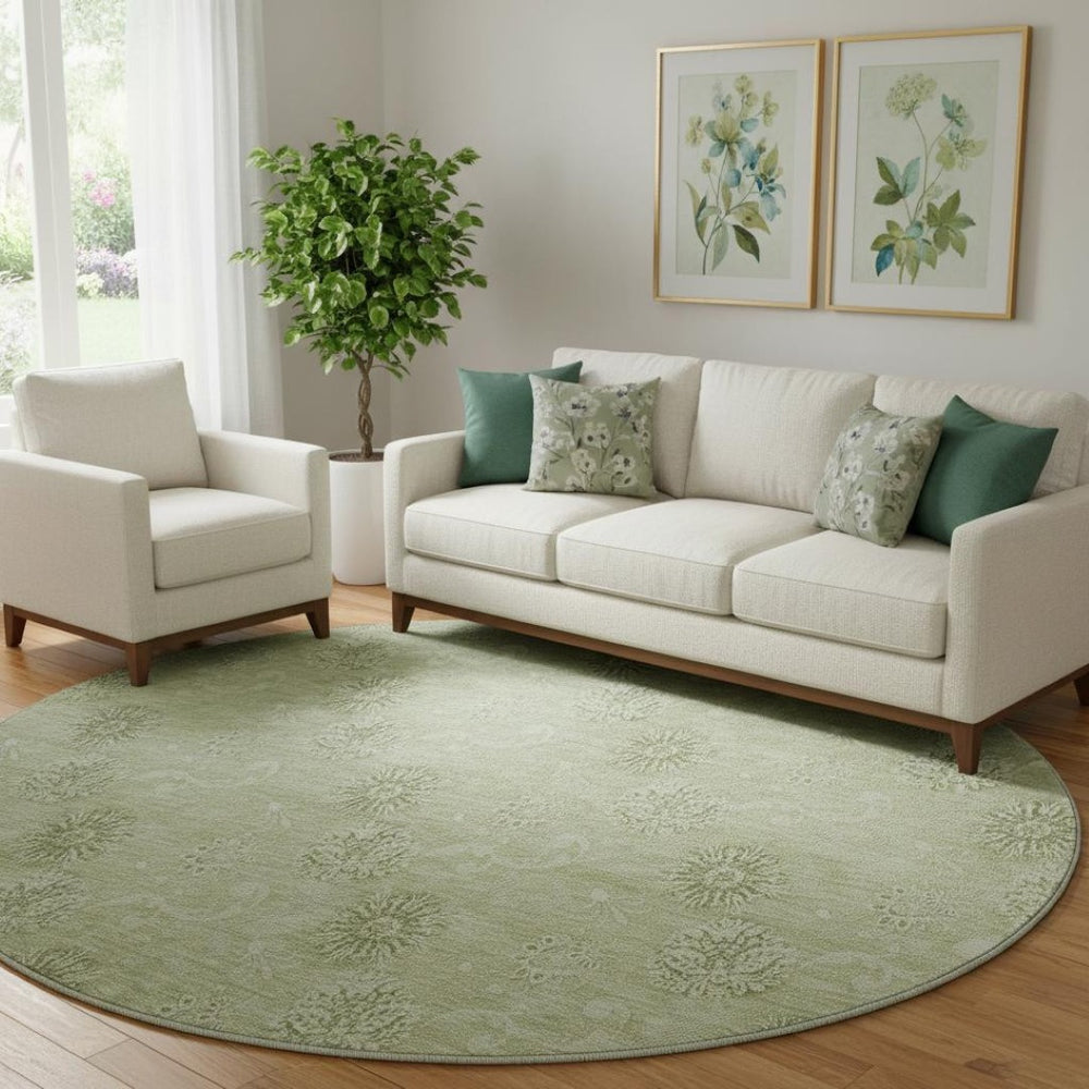 HomeRoots 8' Sage and Ivory Floral Round Rug - Washable, UV Protected, Ideal for Homes with Kids and Pets 665359
