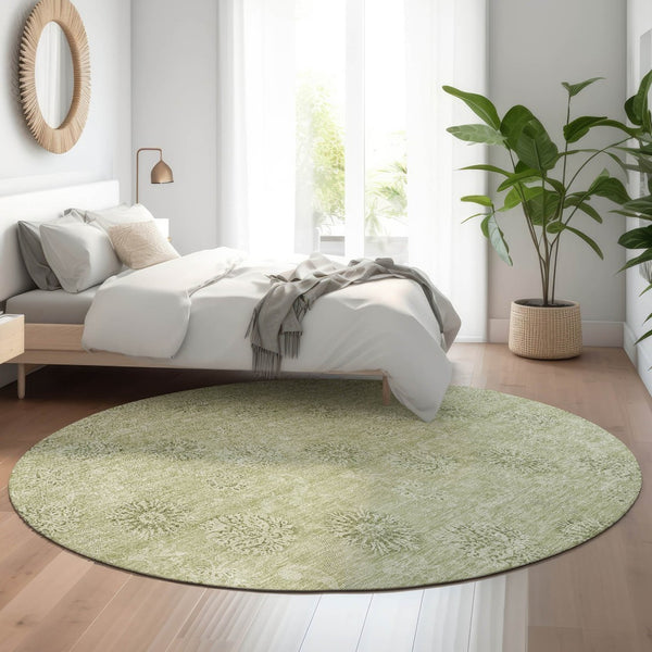 HomeRoots 8' Sage and Ivory Floral Round Rug - Washable, UV Protected, Ideal for Homes with Kids and Pets 665359