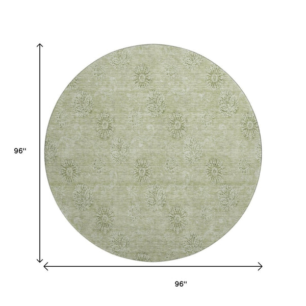 HomeRoots 8' Sage and Ivory Floral Round Rug - Washable, UV Protected, Ideal for Homes with Kids and Pets 665359