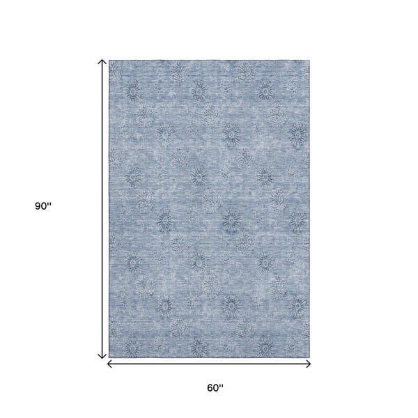 HomeRoots 5' X 8' Sky Blue & Ivory Floral Area Rug - Stain Resistant, UV Protected, Machine Washable, Durable Charm 665364