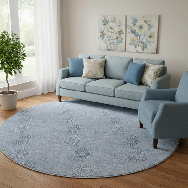 HomeRoots 8' Sky Blue Floral Round Rug - Washable, UV Protected, Stain Resistant, Perfect for Busy Homes 665365