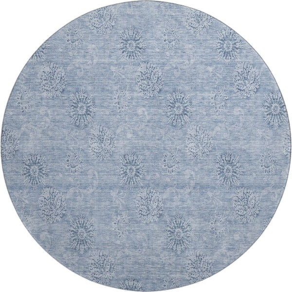 HomeRoots 8' Sky Blue Floral Round Rug - Washable, UV Protected, Stain Resistant, Perfect for Busy Homes 665365