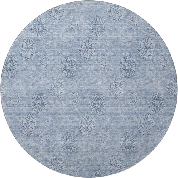 HomeRoots 8' Sky Blue Floral Round Rug - Washable, UV Protected, Stain Resistant, Perfect for Busy Homes 665365