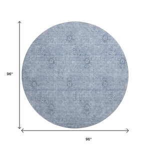 HomeRoots 8' Sky Blue Floral Round Rug - Washable, UV Protected, Stain Resistant, Perfect for Busy Homes 665365