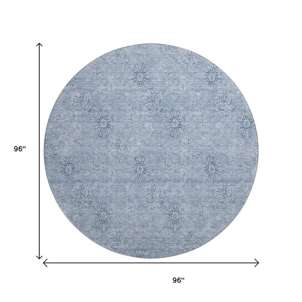 HomeRoots 8' Sky Blue Floral Round Rug - Washable, UV Protected, Stain Resistant, Perfect for Busy Homes 665365