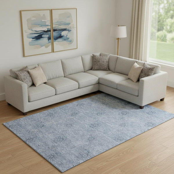HomeRoots 9' X 12' Sky Blue Floral Area Rug - Washable, UV Protected, Durable, Perfect for Homes with Kids & Pets 665367