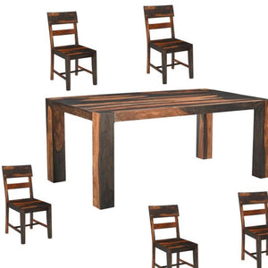HomeRoots Seven Piece Dining Set - Solid Wood Table with 6 Ladder-Back Chairs & Versatile Bench for 8 665375